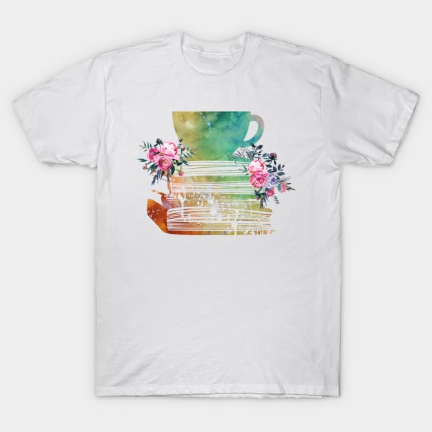 Cup of Tea with Books and flowers T-Shirt by erzebeth